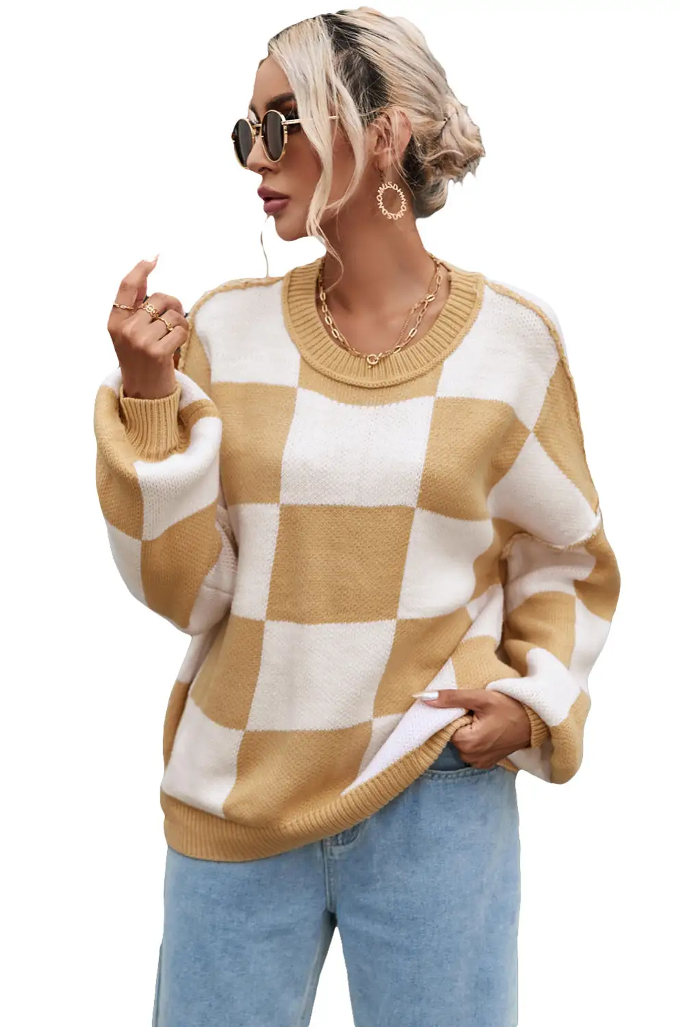 Checkered Bishop Sleeve Sweater