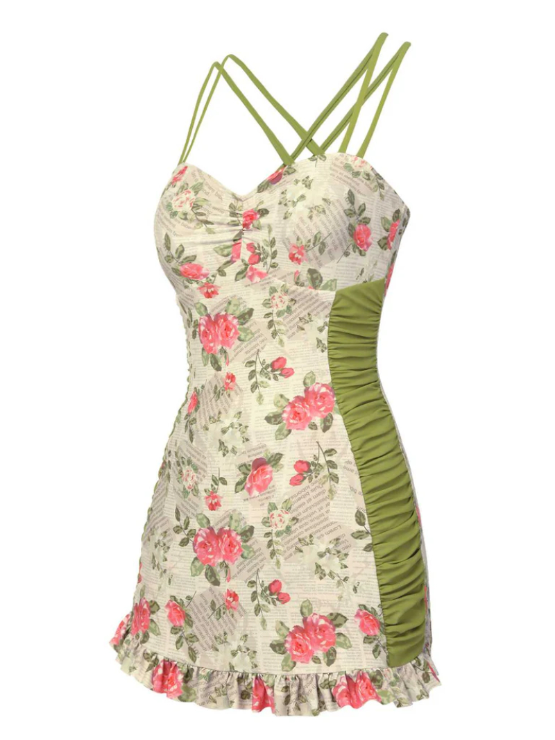 1940S DOUBLE STRAP PLEATED ROSES ONE-PIECE SWIMSUIT