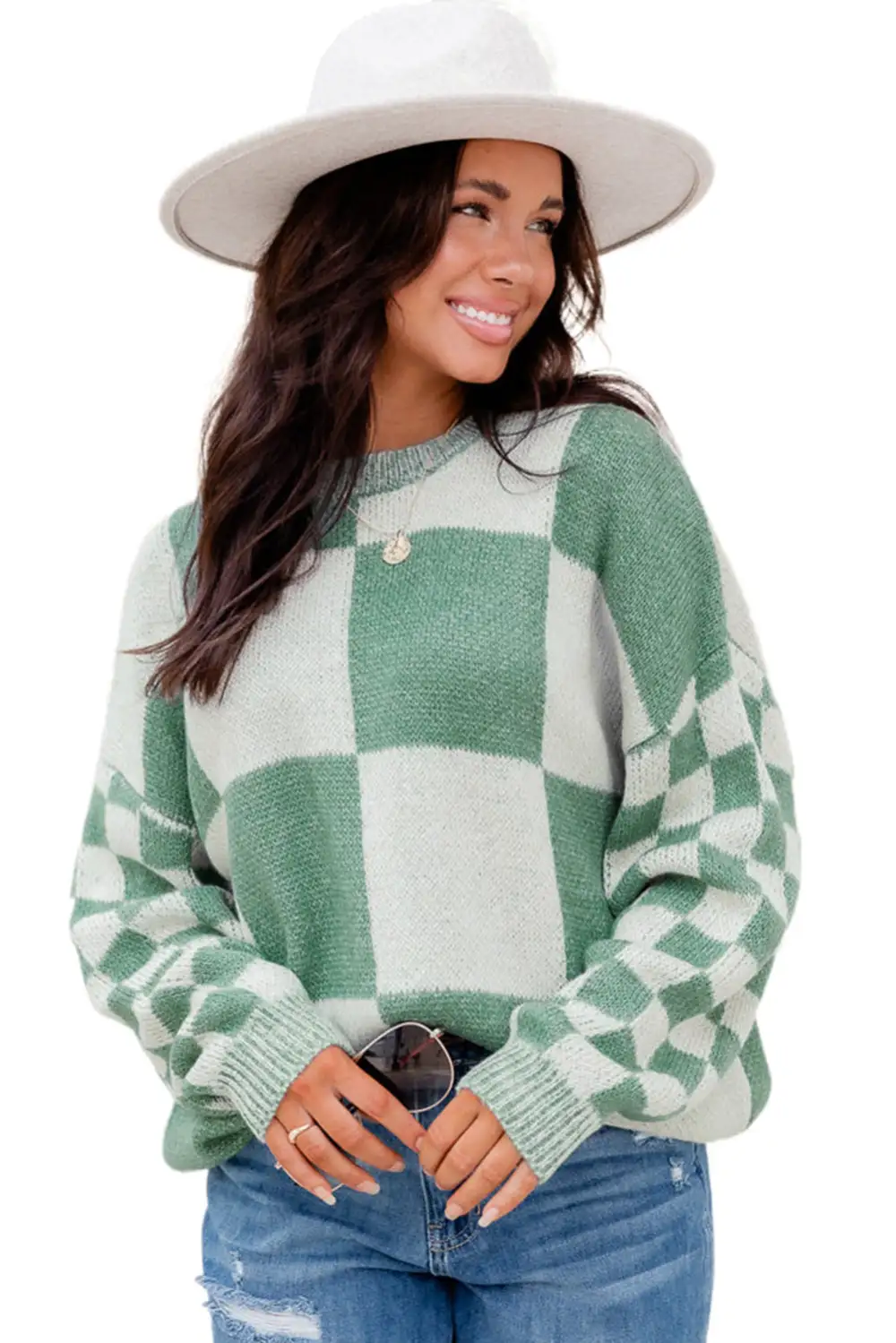 Checkered Print Drop Shoulder Sweater