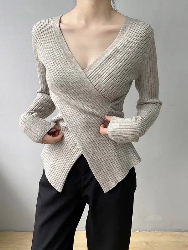 Chic Simple 5 Colors Split-Front V-Neck Long Sleeves Knitted Sweater Tops