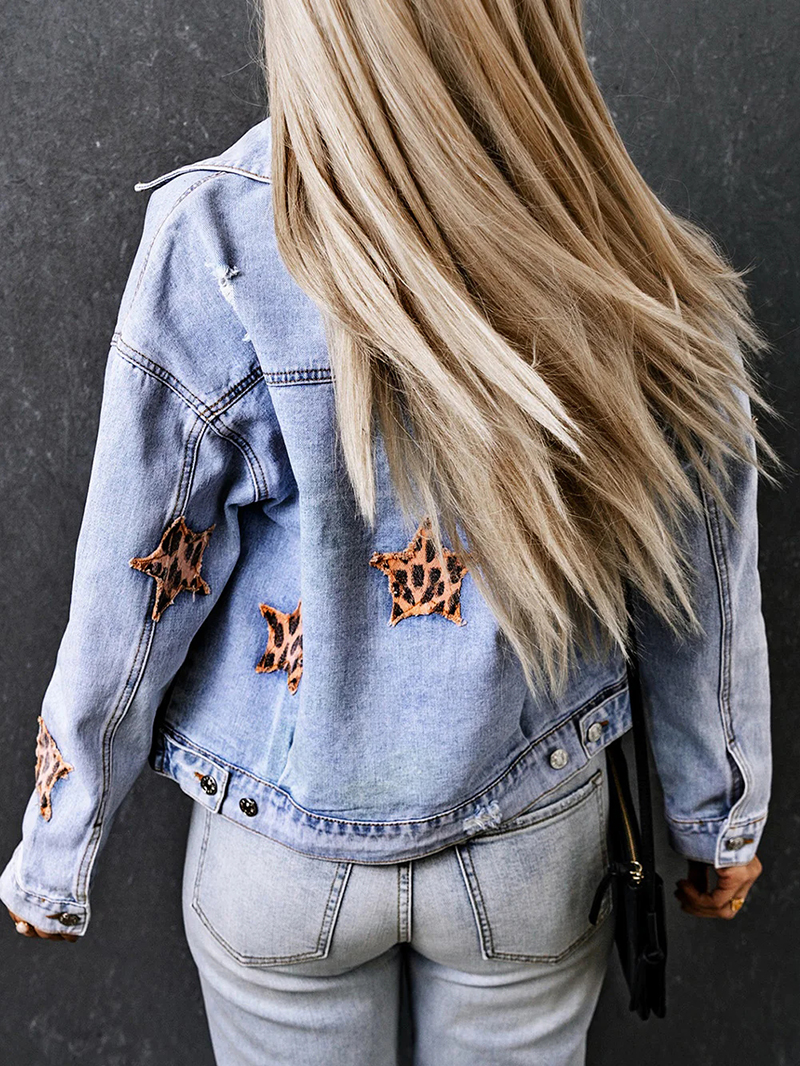 Casual leopard print star patchwork denim jacket