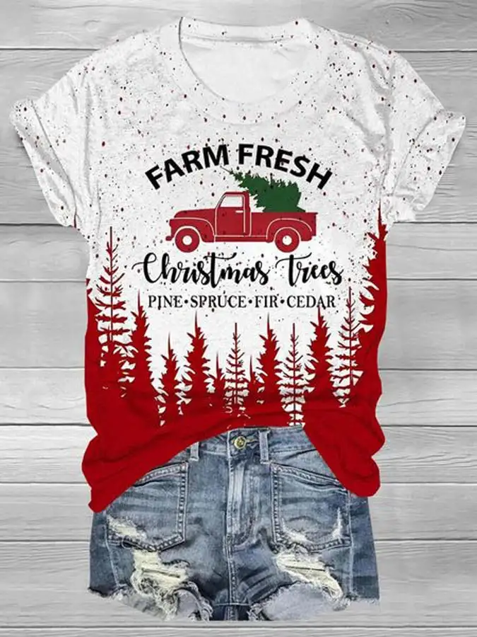 Women's Christmas Print Round Neck T-Shirt