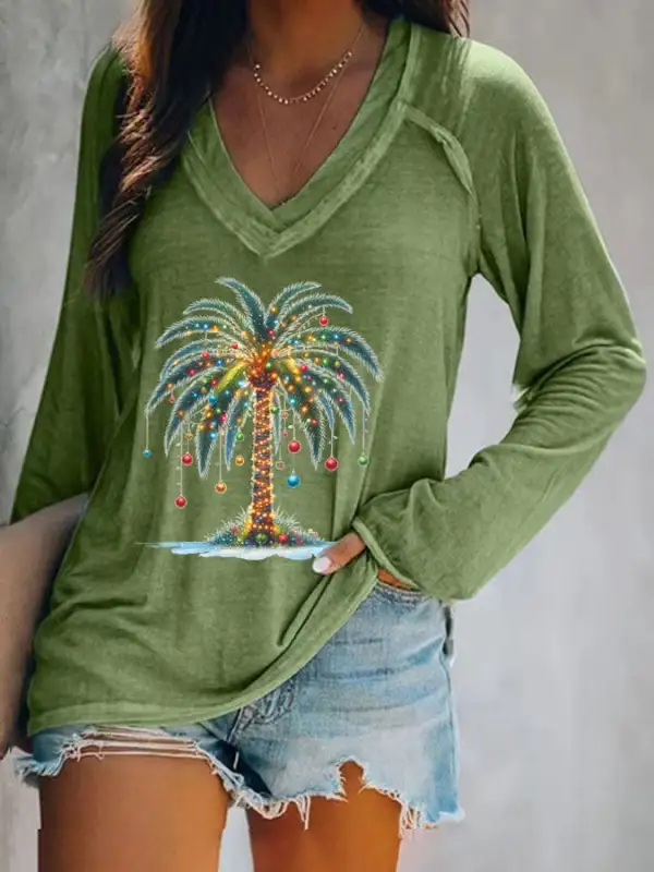 Women's Christmas Palm Tree Print V-Neck Casual T-Shirt