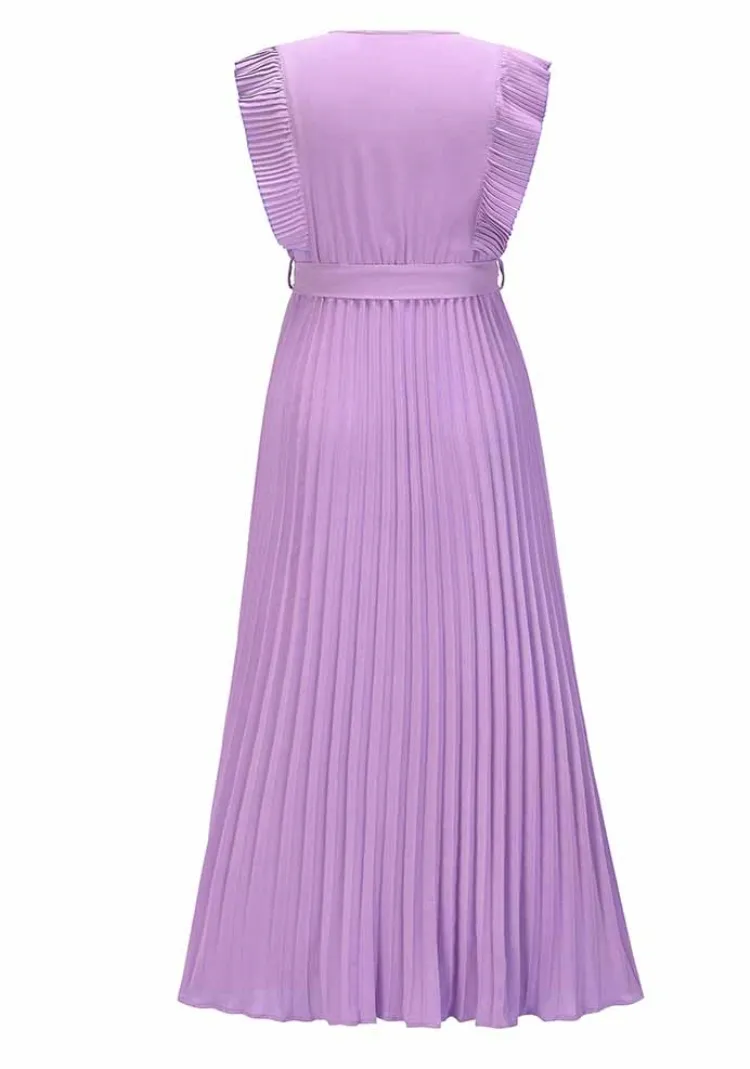 Women Summer Purple Sweet V-neck Sleeveless Solid Chiffon Belted Pleated Long Smock Dress