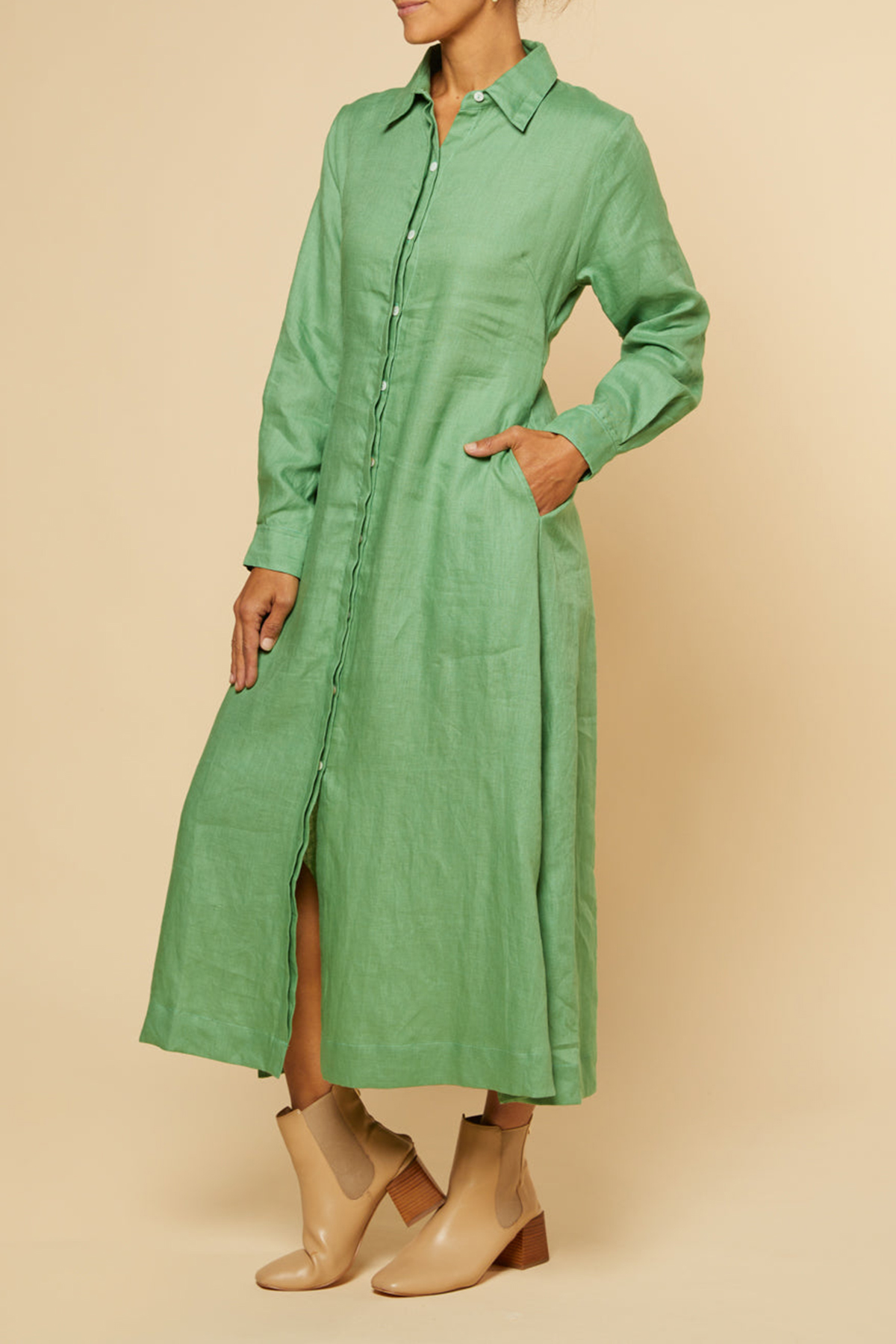 Gracie Long Sleeve Linen Dress in Jadesheen