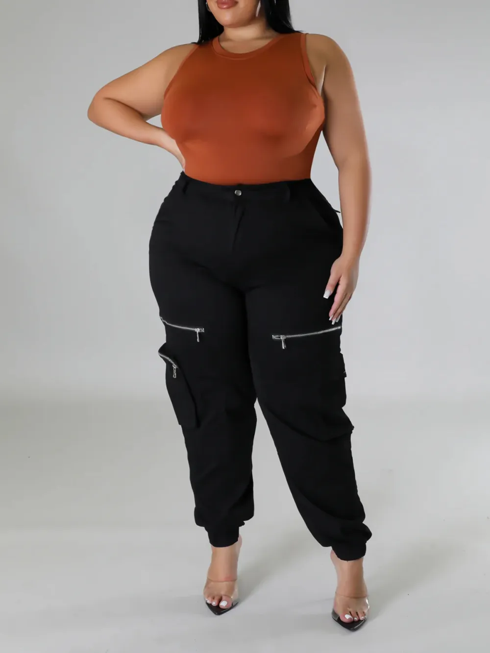 Plus-Size Fashion Women'S Solid Color Zipper Pants