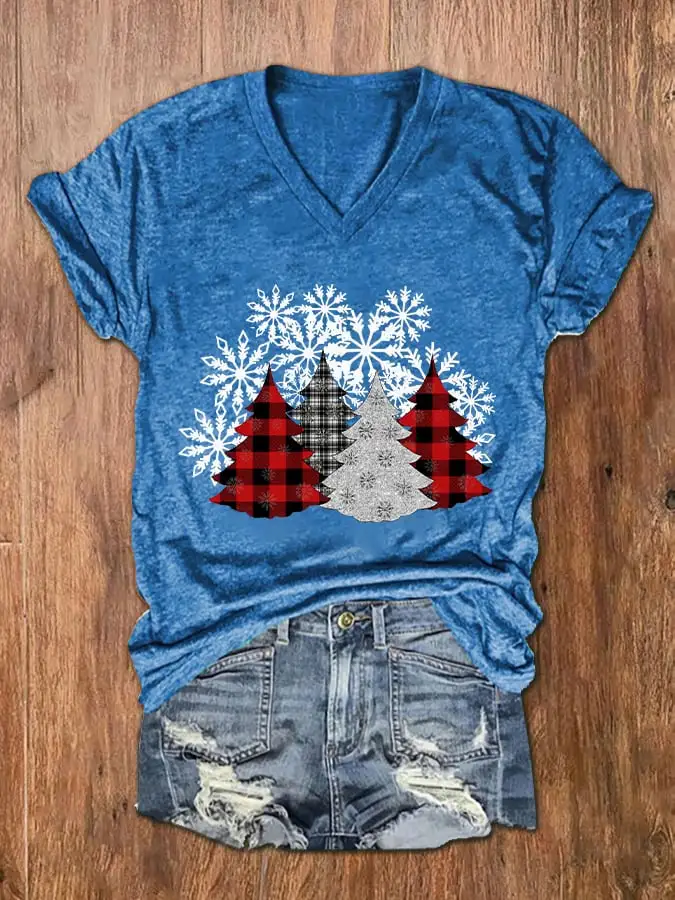 Women's Check   Tree Print V-Neck T-Shirt