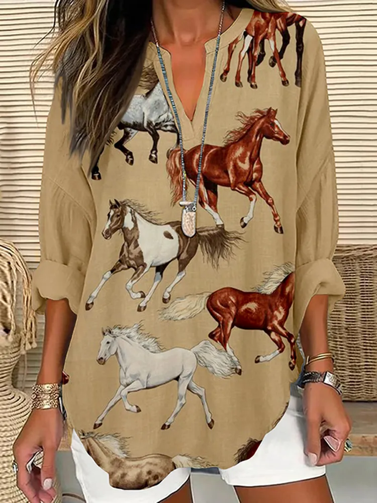 Western Horse Print V-Neck Long Sleeved Shirt