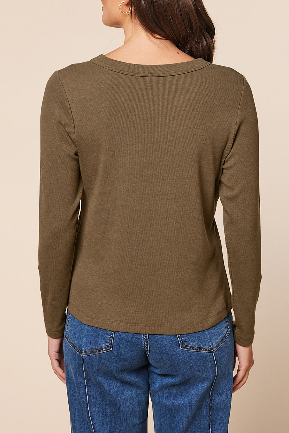 Adrift Ribbed Long Sleeve Tee In Khaki