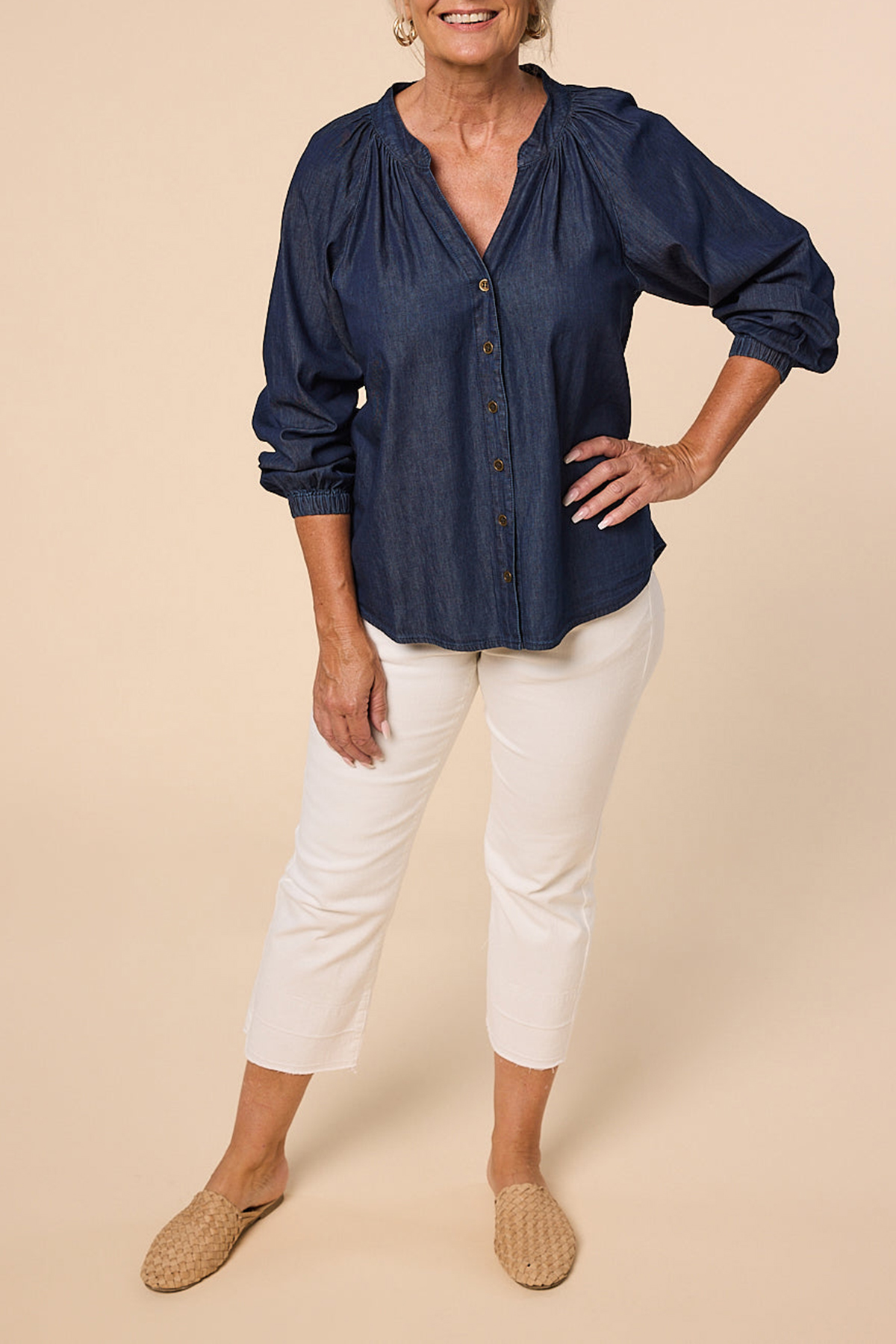 Kitty Chambray Top In Dark Wash