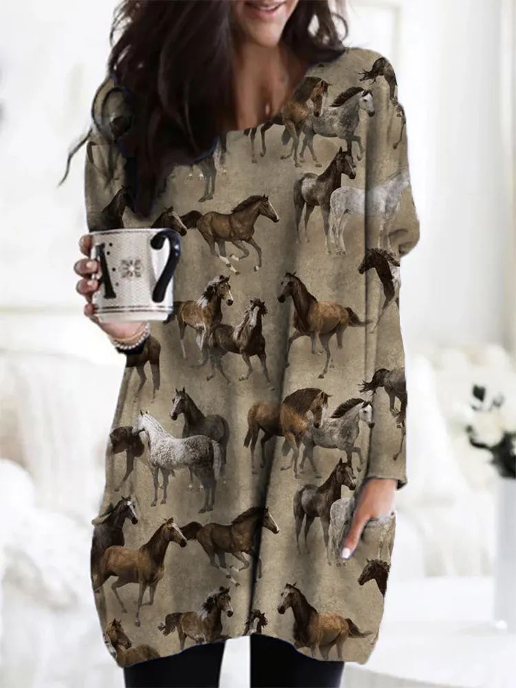 Western Wild Horses Pattern Comfy Tunic