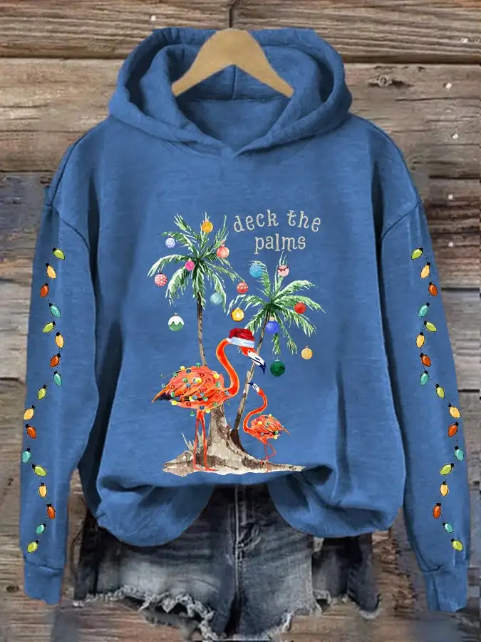 Women's Christmas Deck The Palms Print Hooded Sweatshirt