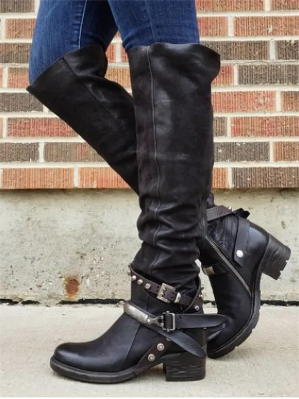 Vintage Studded Buckles Knee High Boots