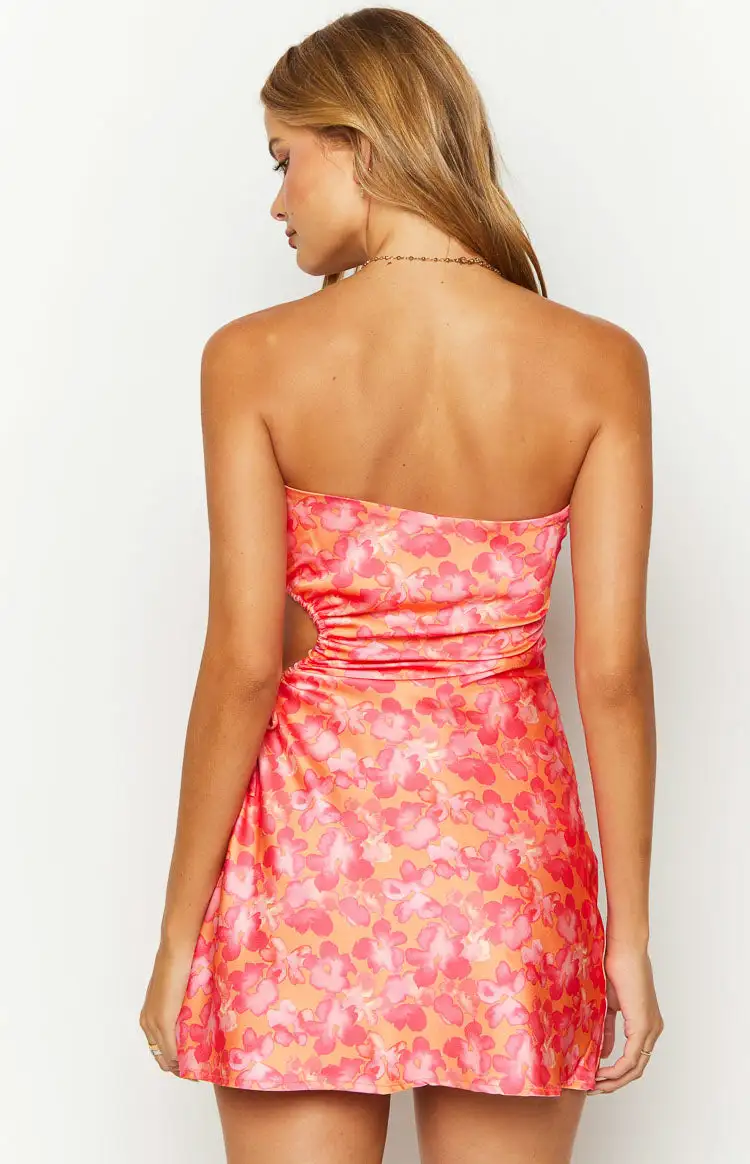 Arthur Orange Floral Print Strapless Mini Dress