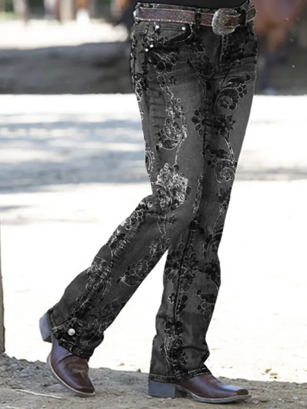 Western Floral Velvet Art Bootcut Jeans