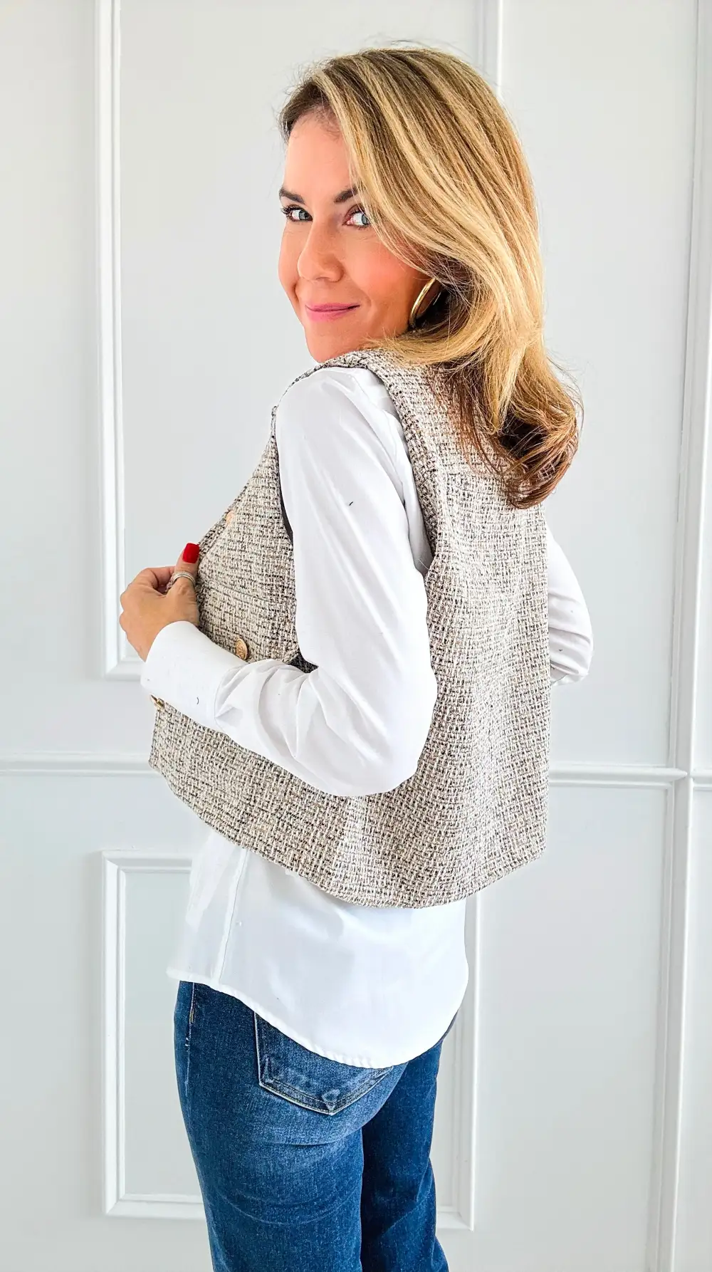 Chic Tweed Vest - Taupe