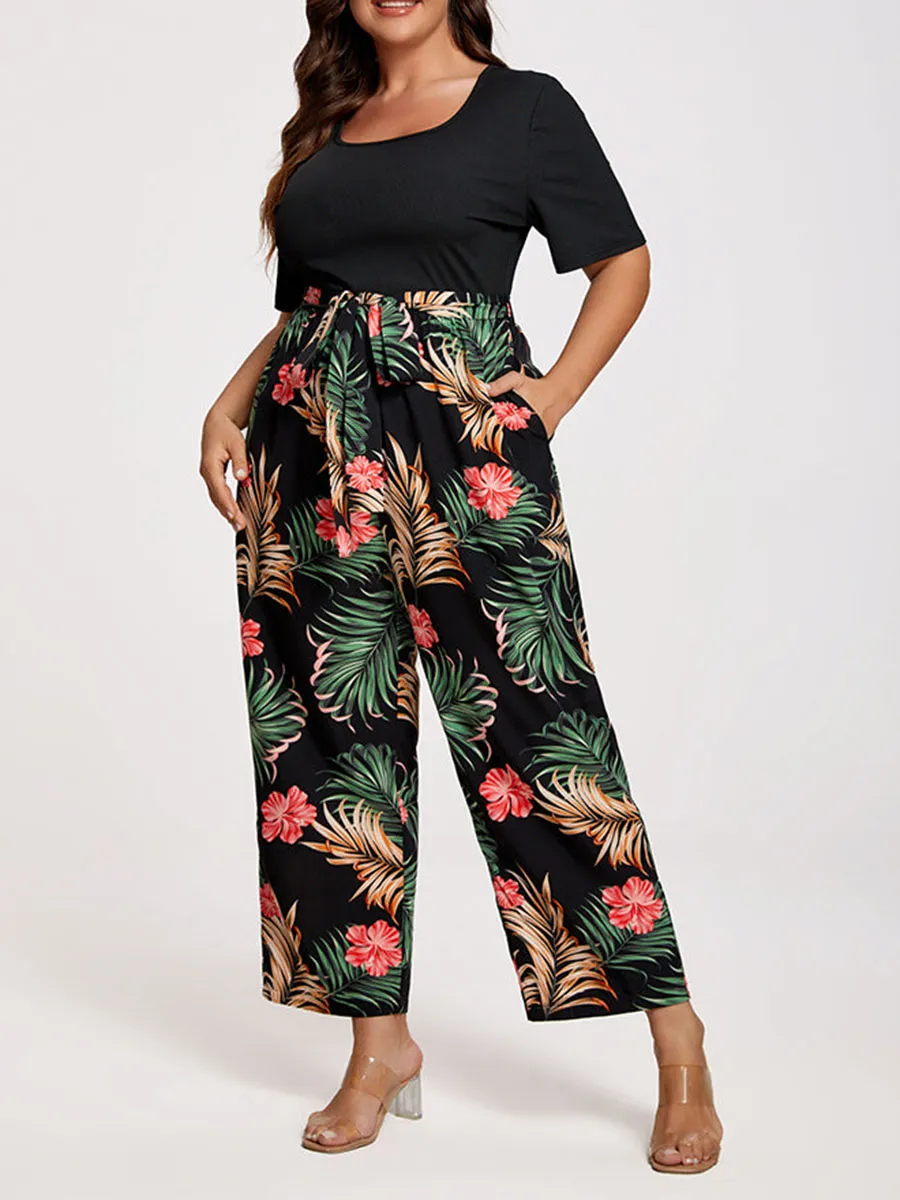 Plus Tropical Print Square Neck Belted Jumpsuit