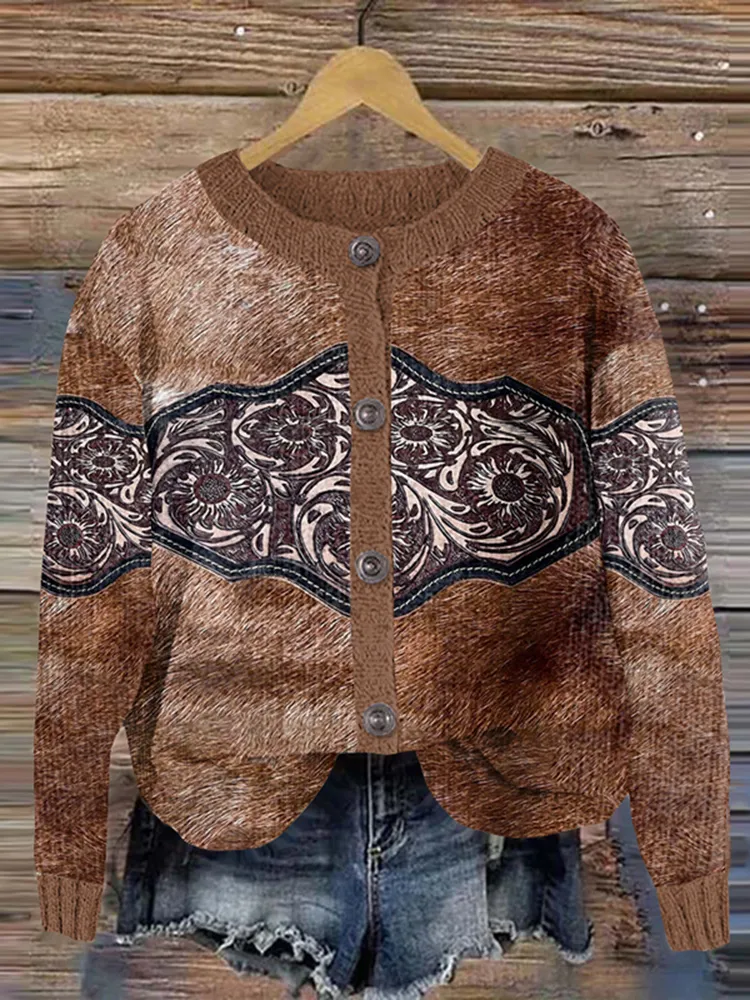 Western Floral Leather Pattern Women'S Cardigan Sweater