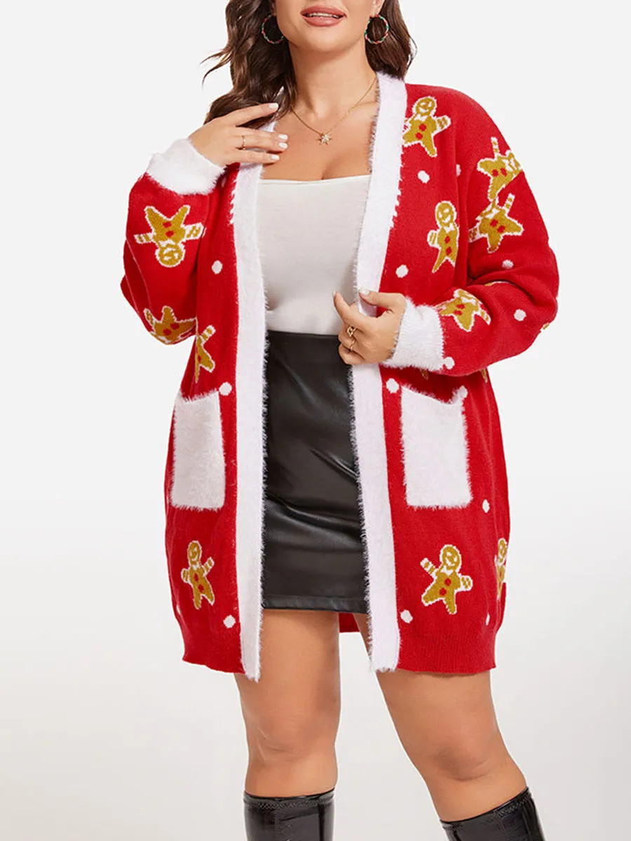 Christmas Print Contrast Trim Dual Pocket Cardigan