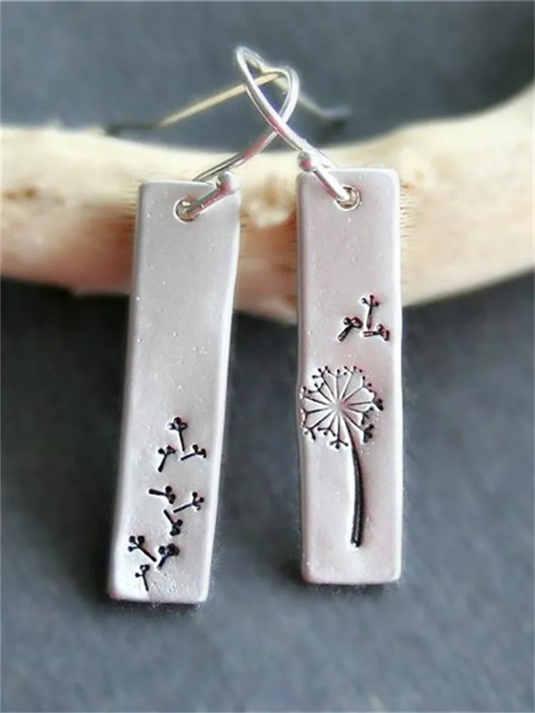 Vintage Dandelion Carved Rectangle Earrings