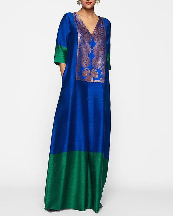 Satin embroidered kaftan dress