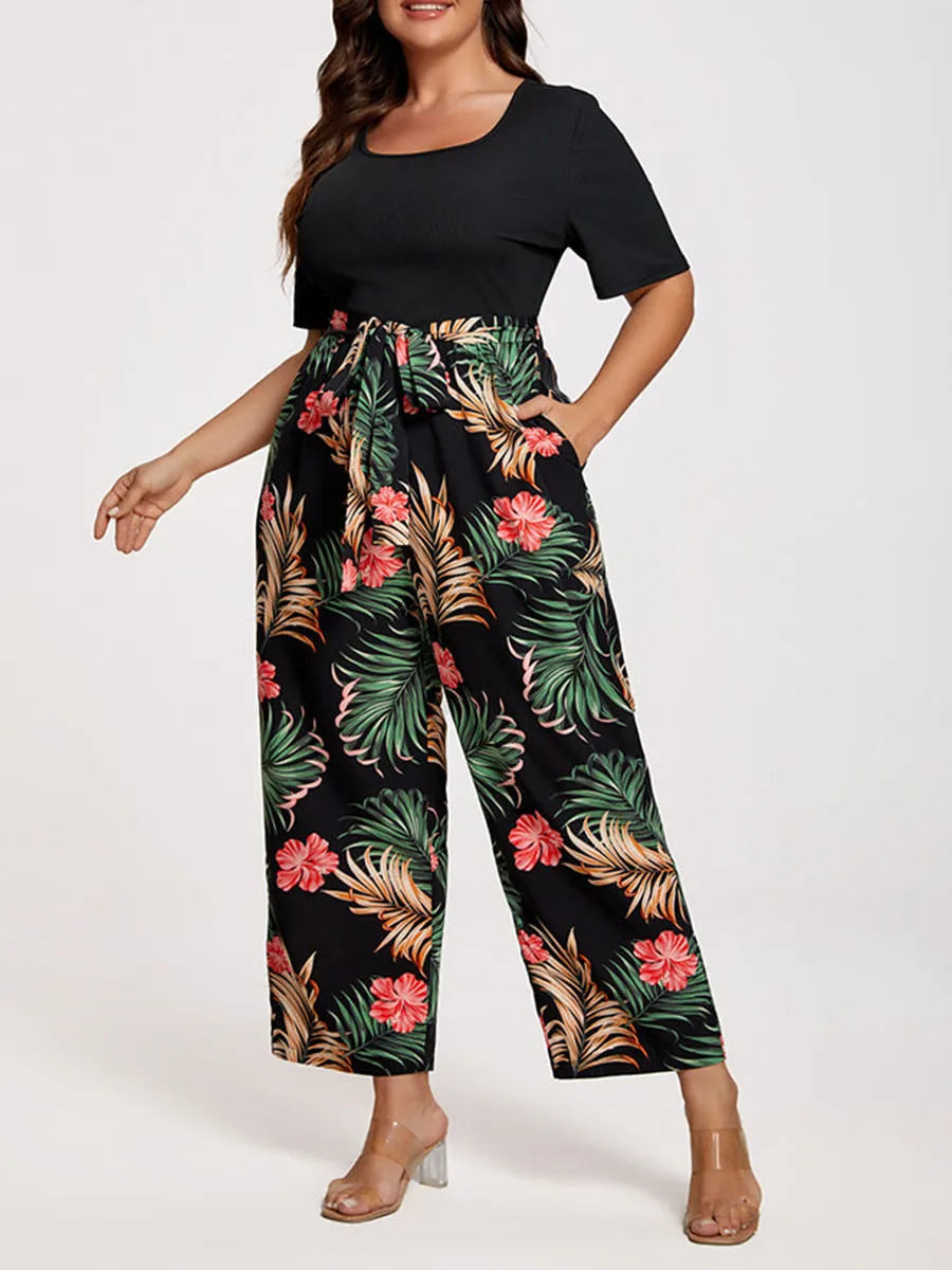 Plus Tropical Print Square Neck Belted Jumpsuit