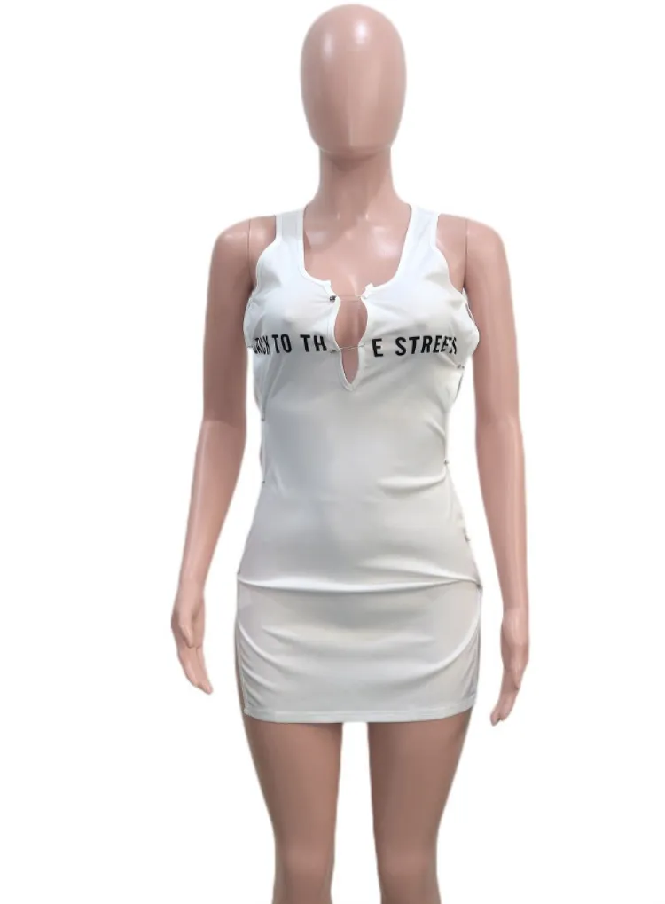 Women Summer White Sexy Strap Sleeveless Letter Print Ripped Mini Sheath Club Dress