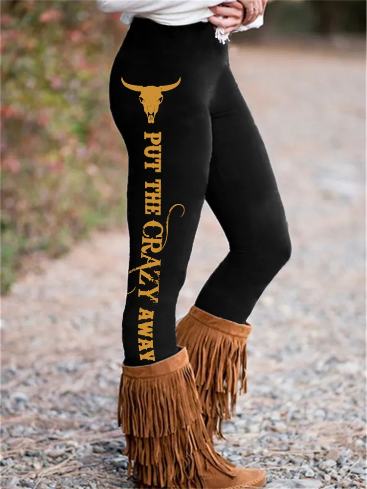 Western Cowboy Quote Bull Skull Print Leggings