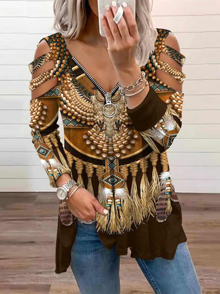 Vintage Western Print Cutout Long Sleeve Casual T-Shirt