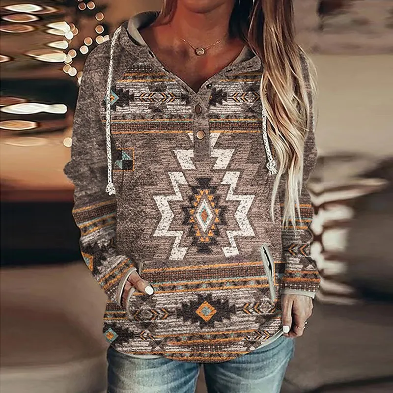 Vintage Western Print Long Sleeve Casual Hoodie