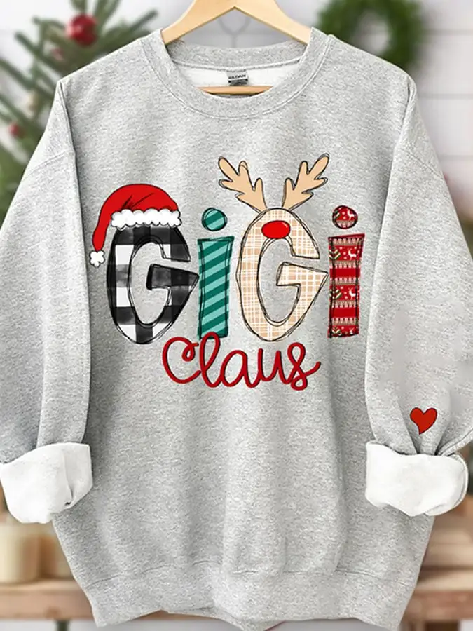 Women'S Casual Gigi Claus Printed Long Sleeve Sweatshirt