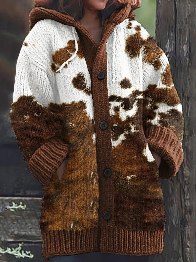 Western Cowhide Printed Knitted Hooded Cardigan