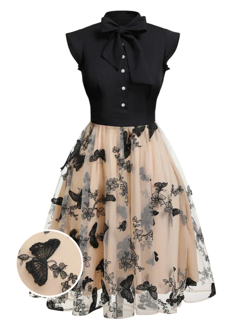 BLACK 1950S BUTTERFLY PATCHWORK VINTAGE DRESS