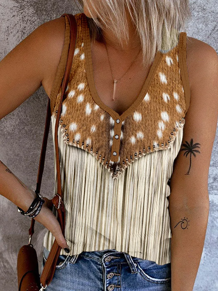 Western Deerskin Pattern Tassels Button Up Tank Top