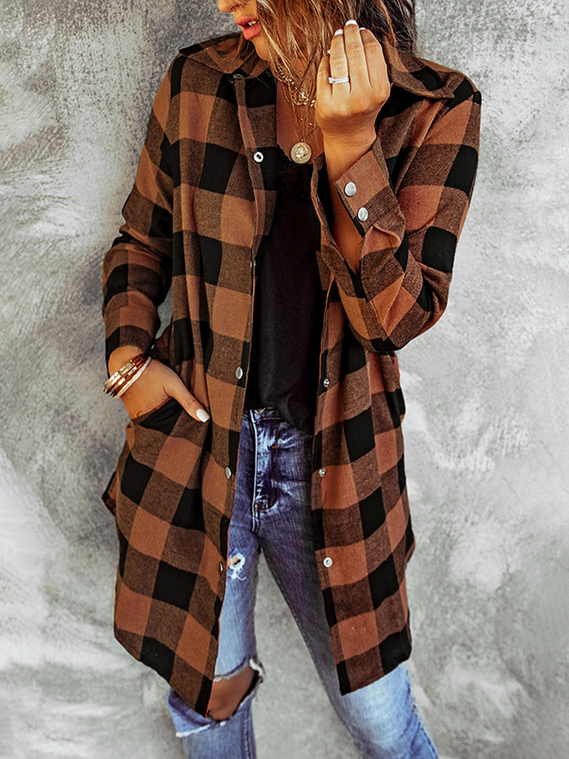 Brown Turn-down Collar Plaid Shirt Coat