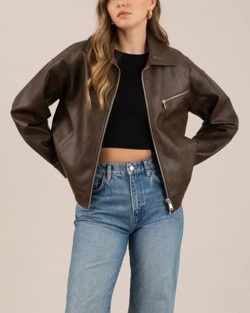 Faux Leather Zipper Jacket - Dark Brown