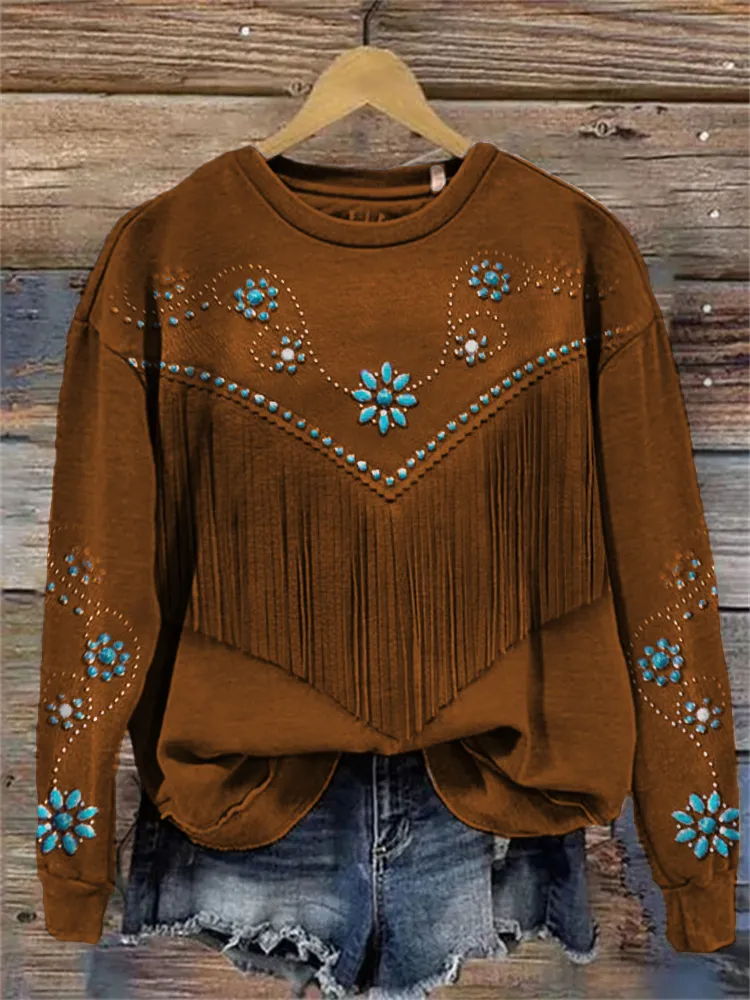 Western Turquoise Flowers Leather Art Sweatshirt