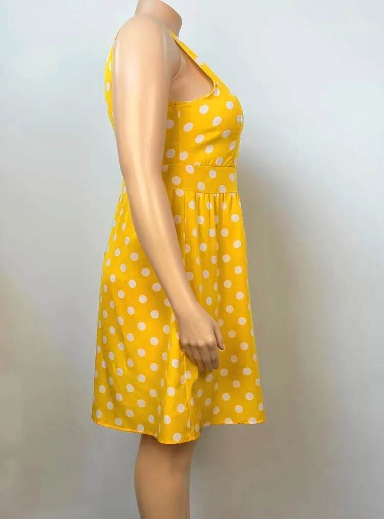 Women Summer Yellow Sweet O-Neck Sleeveless Dot Print Midi A-line Plus Size Casual Dress