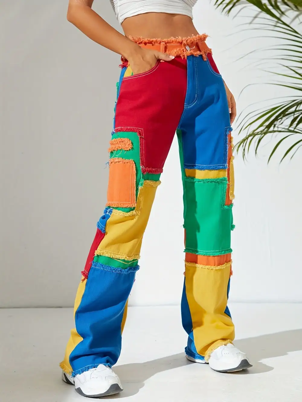 Colorful Stitching High Waist Loose Straight Jeans