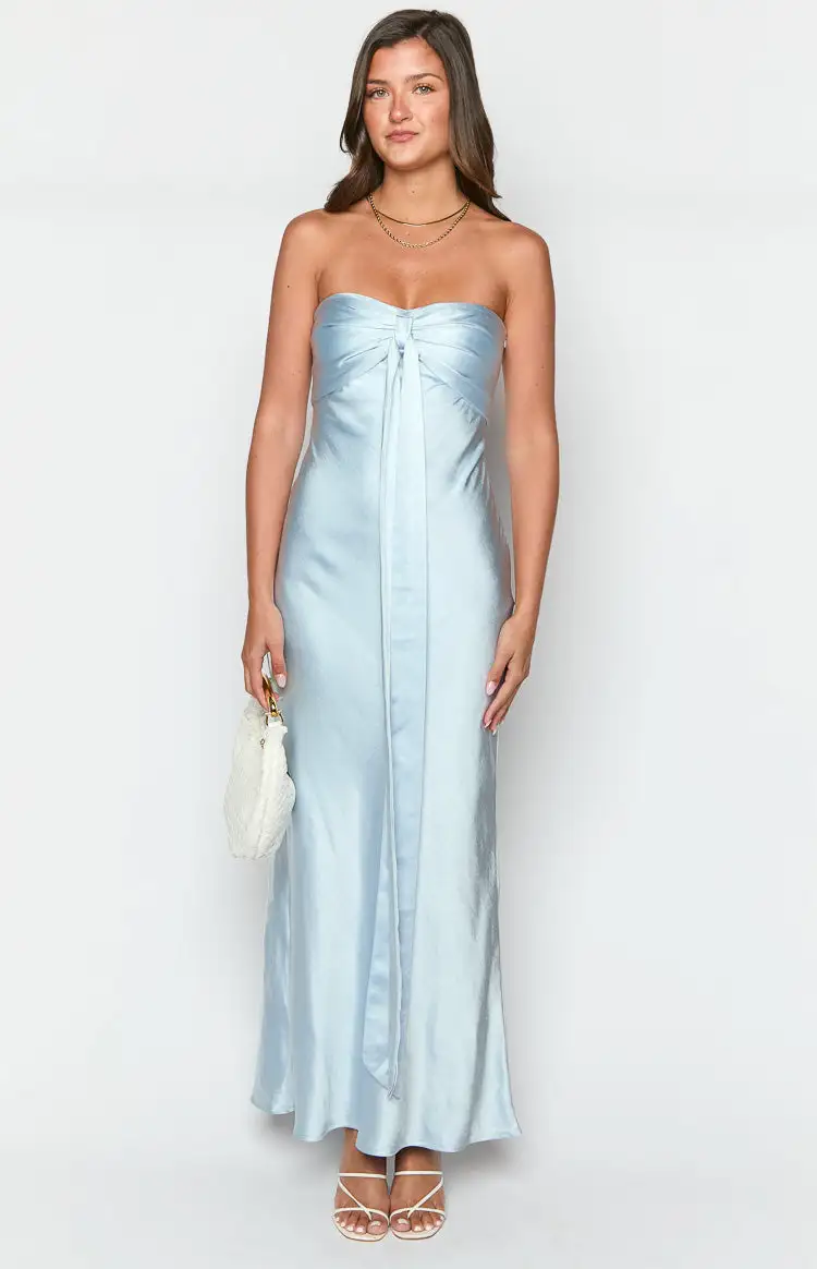 Ariella Blue Satin Strapless Maxi Dress