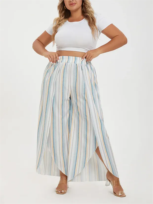 Plus Colorblock Striped Tulip Hem Elastic Waist Wide Leg Pants