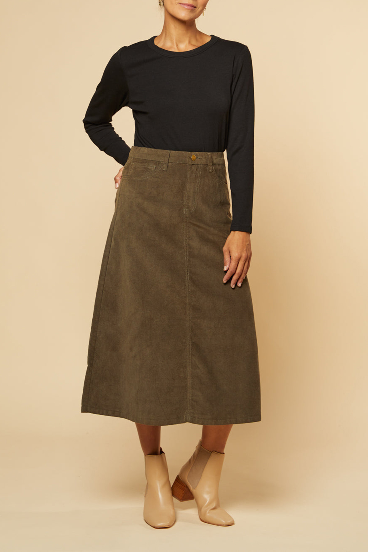 Adrift A-Line Brushed Cotton Skirt in Olive