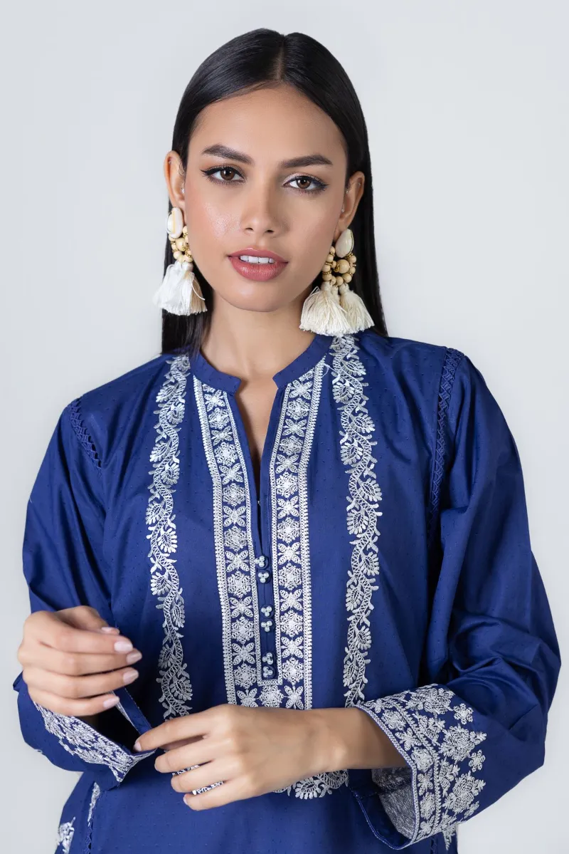 2 Piece Kurta | Embroidered & Pants Dark Blue