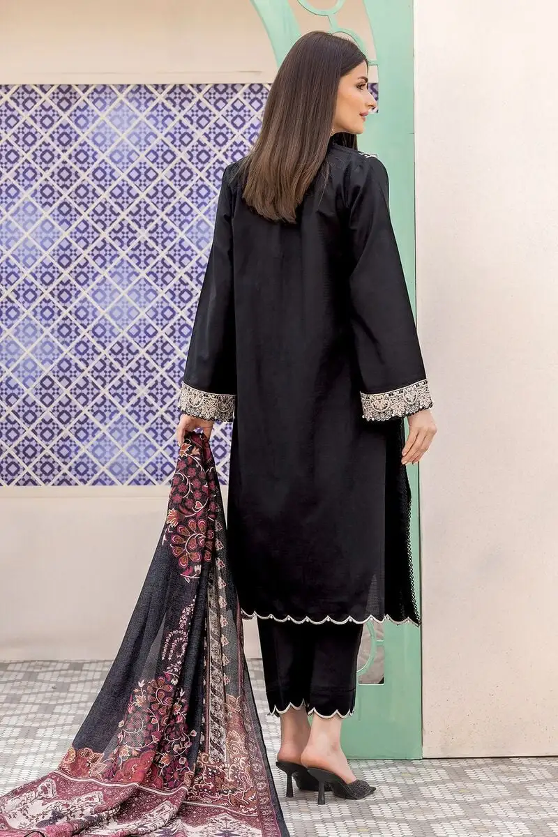 3 Piece Kurta Embroidered | Dupatta& Bottom & Tops | Color Black and Purple