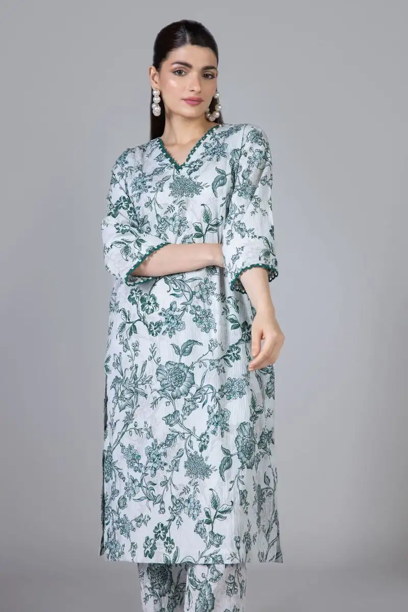 2 Piece | Kurta & Pants | Color  green and white