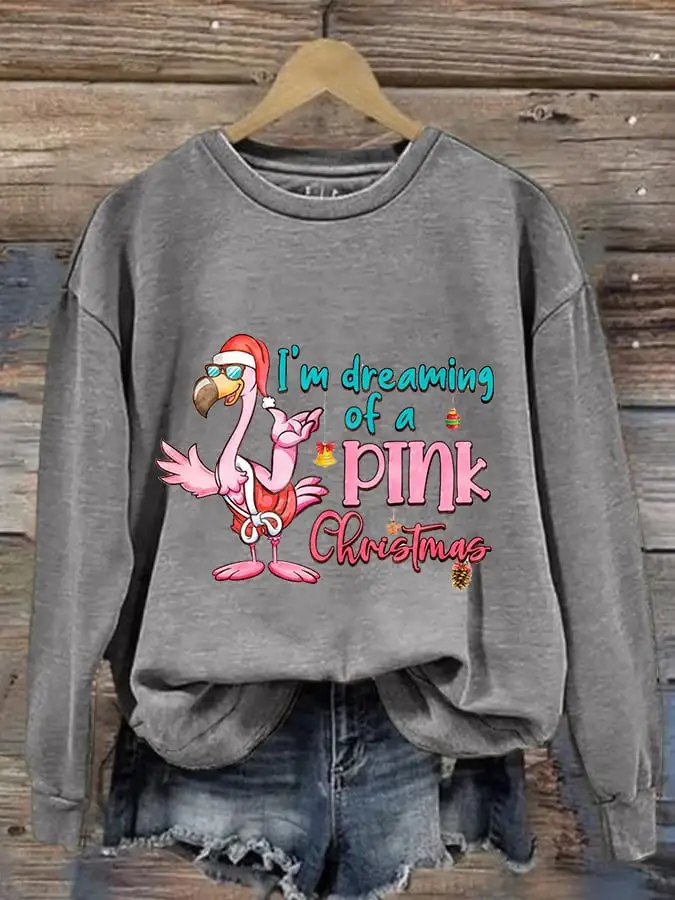 Women's I‘m Dreaming of a Pink Christmas Flamingo Print Casual Sweatshirt