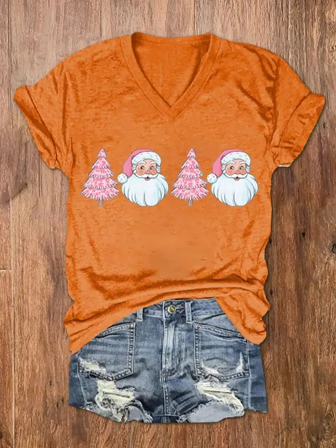 Women's Santa   Tree Print V-Neck Short Sleeve T-Shirt