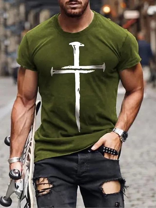 Men's Cross T shirt Tee 100% Cotton Short Sleeve Graphic Shirt Wine Heather Gray Black Comfortable Tee Casual Vacation Fashion Designer Clothing