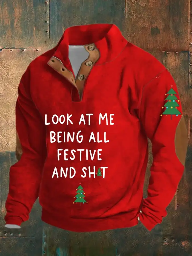 Men's Christmas Plush Stand Collar Sweatshirt