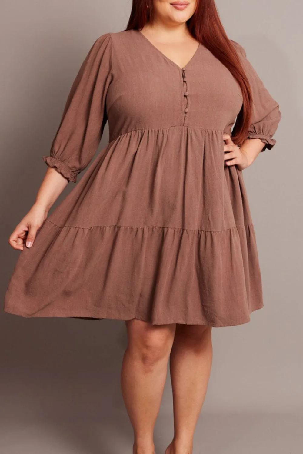 Brown One Shoulder Dress Shirred Bodice Pockets